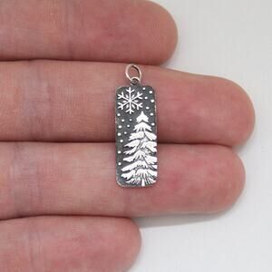 Sterling Silver Snow Speckled Evergreen Charm, Christmas Tree Snowflake Charm